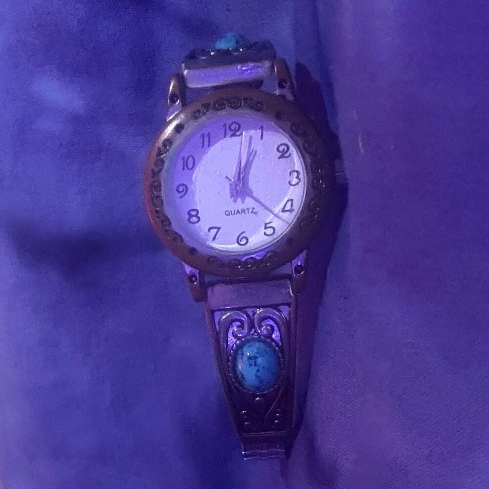 Accutime Southwest Watch Women 25mm Silver Tone Blue Stone Stretch
